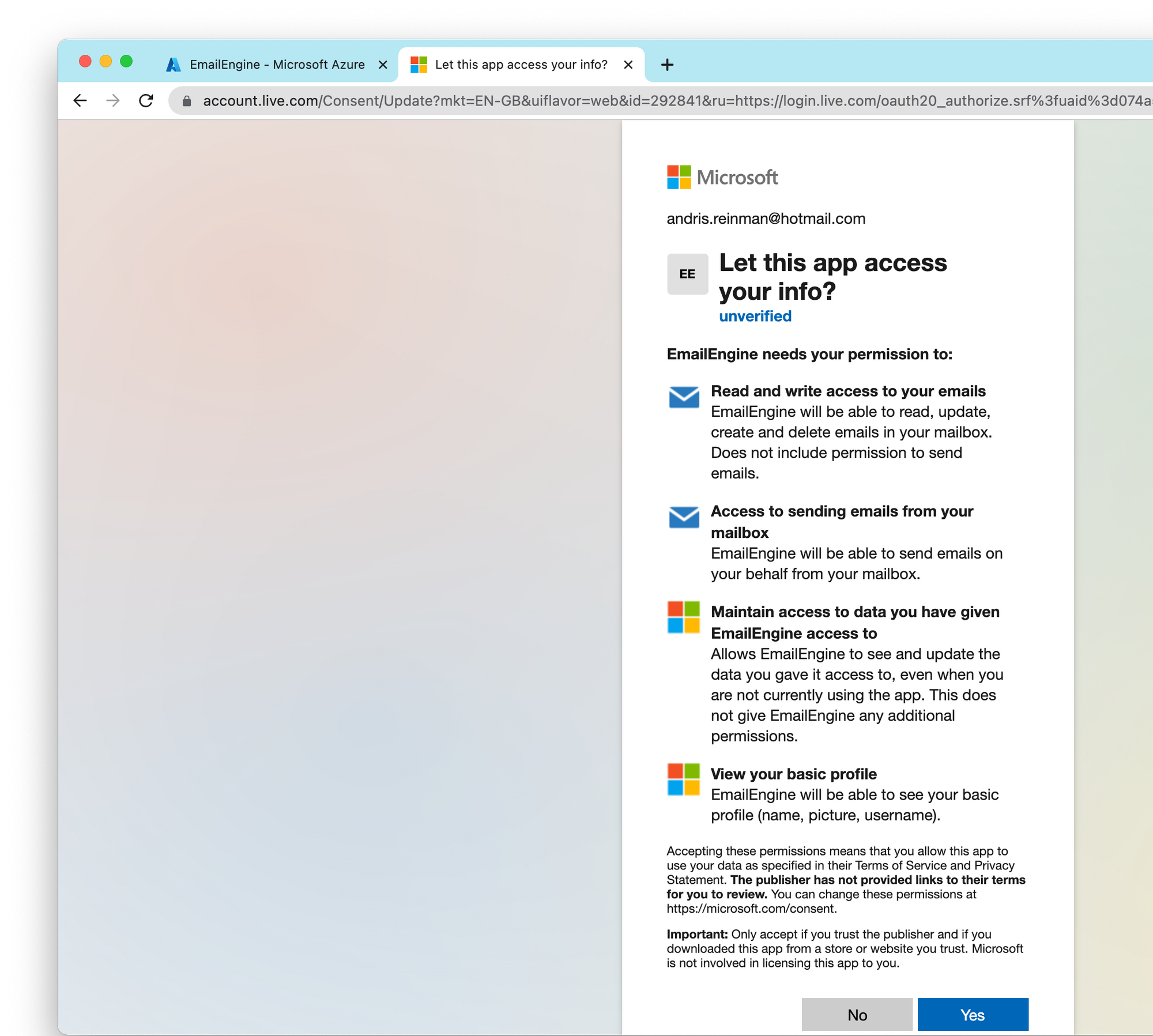 Setting up OAuth2 with Outlook